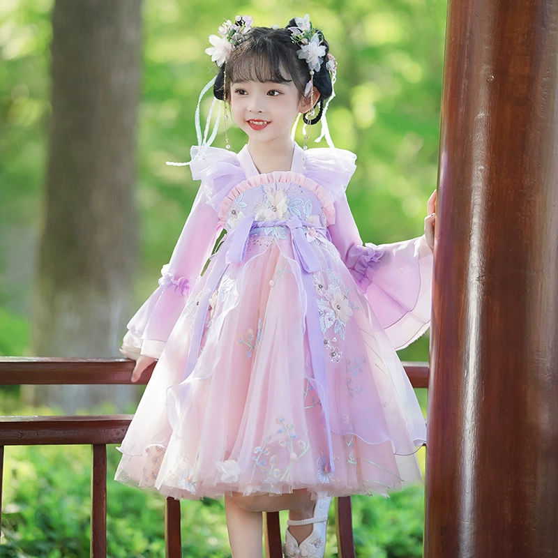 Платье ханьфу для девочек, весенний наряд, детский костюм древнего Тан, юбка в китайском стиле для девочек, детское платье супер феи, весна и осень.
