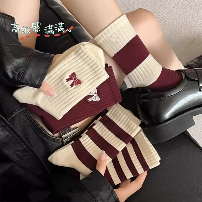 Ankora Red Socks Women's Mid-Calf Socks Ins Trendy Autumn and Winter Pure Cotton Socks Sweat-Absorbent Bowknot Striped Long Socks