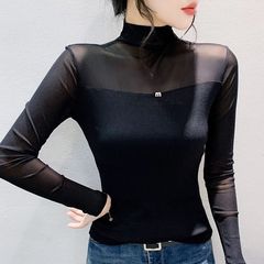 胖mm秋冬2025新款半高领打底衫女内搭可外穿网纱上衣缕空长袖上衣
