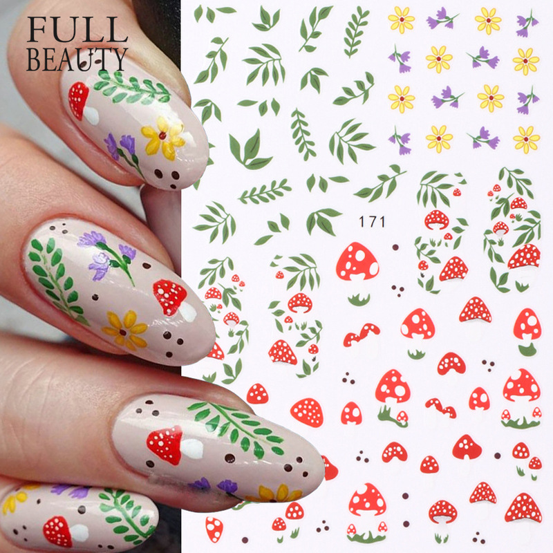 Cross-border new nail stickers ins spring mushroom cactus green leaves succulent adhesive nail stickers wholesale