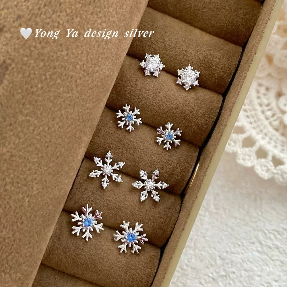 足银S999纯银S925冬季新款雪花耳钉女氛围感甜美小众清新耳饰代发