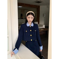 法式小香风长袖外套条纹拼接连衣裙女秋冬2025新款时尚两件套