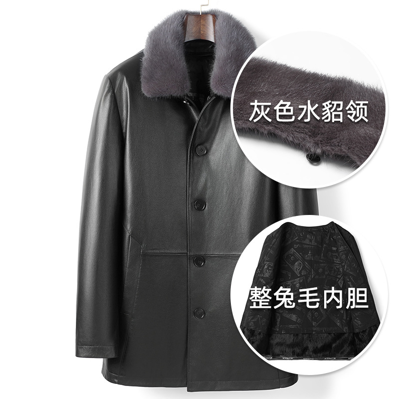 Mens Real Leather 100% Mink Fur Collar Down Rabbit Fur Lining