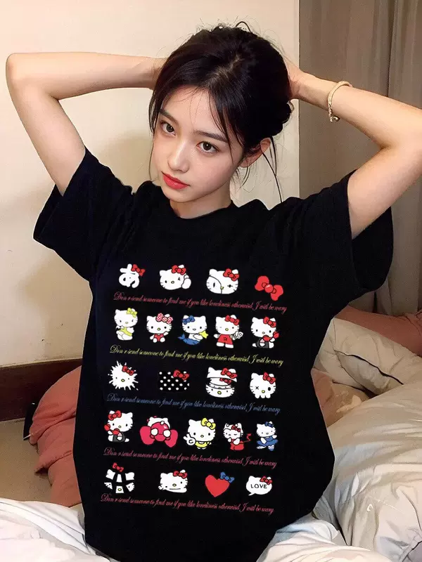 เสื้อยืดแขนสั้นลายเฮลโลคิตตี้สีดำสำหรับผู้หญิง ดีไซน์หวานๆ รุ่นใหม่ฤดูร้อน ทรงหลวม ไซส์ใหญ่ เหมาะกับสาวอวบ แฟชั่นทันสมัย