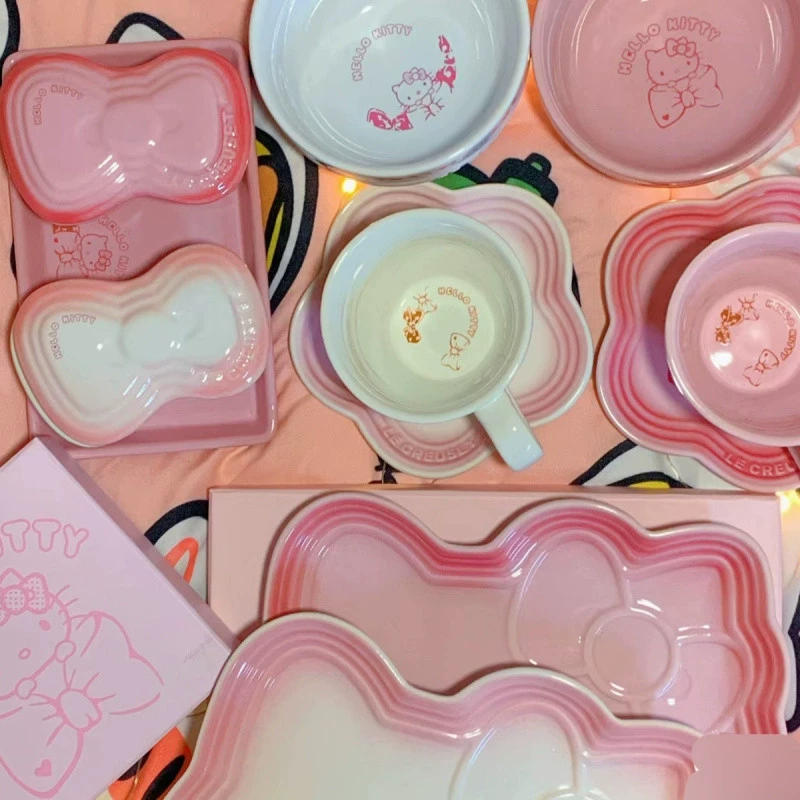 Hello Kitty, радужная керамическая тарелка для пищи дома, посуда, подарочная коробка
