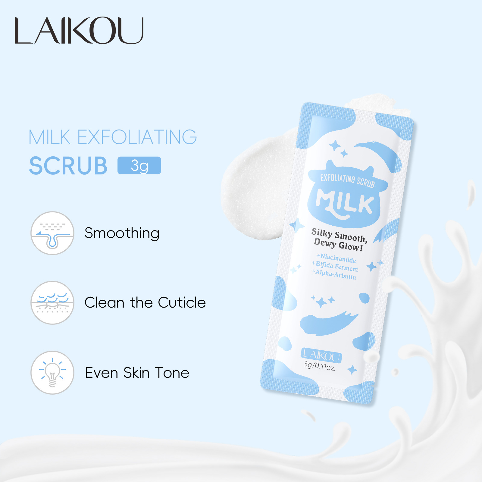 New cross-border product: LAIKOU Milk Scrub 3g, moisturizing and hydrating, available for wholesale on Amazon.