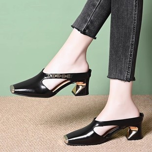 French Half Slippers Women's Soft Leather Toe Cap 2025 New Summer Square Toe Flats Mule Shoes Retro Outer Wear Sandals