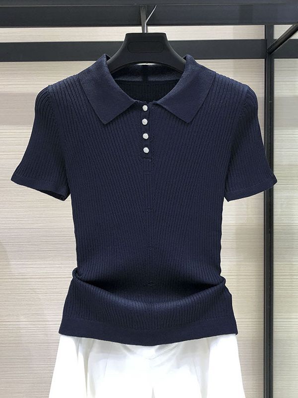 Áo polo nữ dệt kim lụa băng cổ bẻ tay ngắn — Màu đen