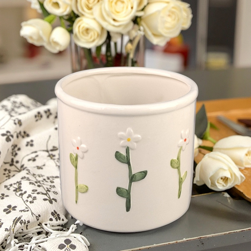 Flores en relieve de estilo chino, vasijas de cerámica pintadas a mano, jarrones para sala de estar, decoraciones de entrada, muebles para el hogar, decoración suave