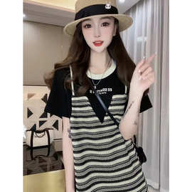 宽松中长款韩系设计感条纹连衣裙女夏季2024新款条纹针织裙MX3312