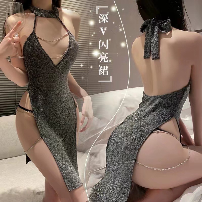 순수한 욕망 깊은 V 고삐 반짝이는 얇은 체인 매력적인 속이 빈 뷰티 백 섹시한 나이트 클럽 잠옷 유니폼 세트
