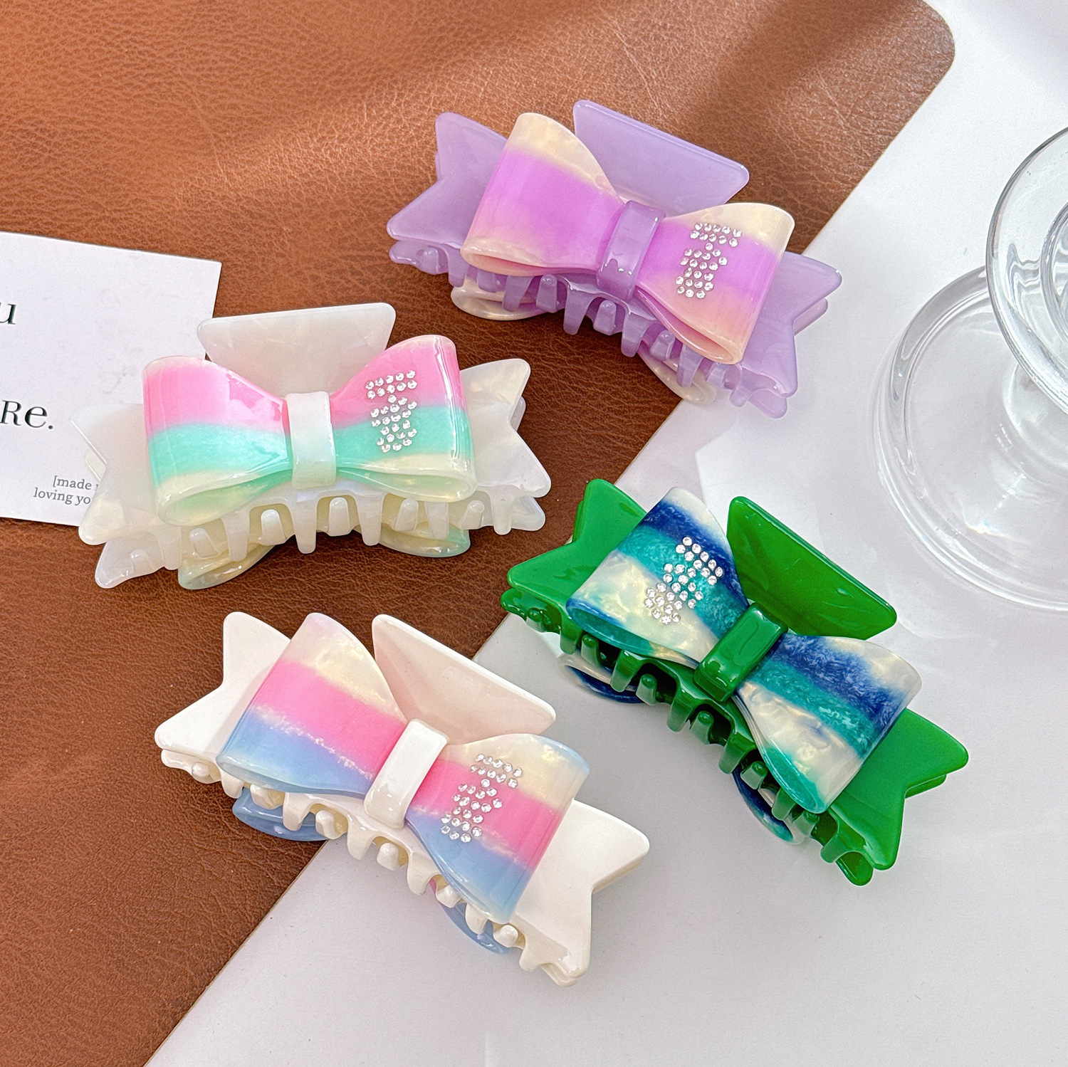 Acetate Bow Hair Clip Similar to Ins Blogger's Style, Niche Design with Diamond Gemstone Hair Claw Shark Clip Hair Accessory