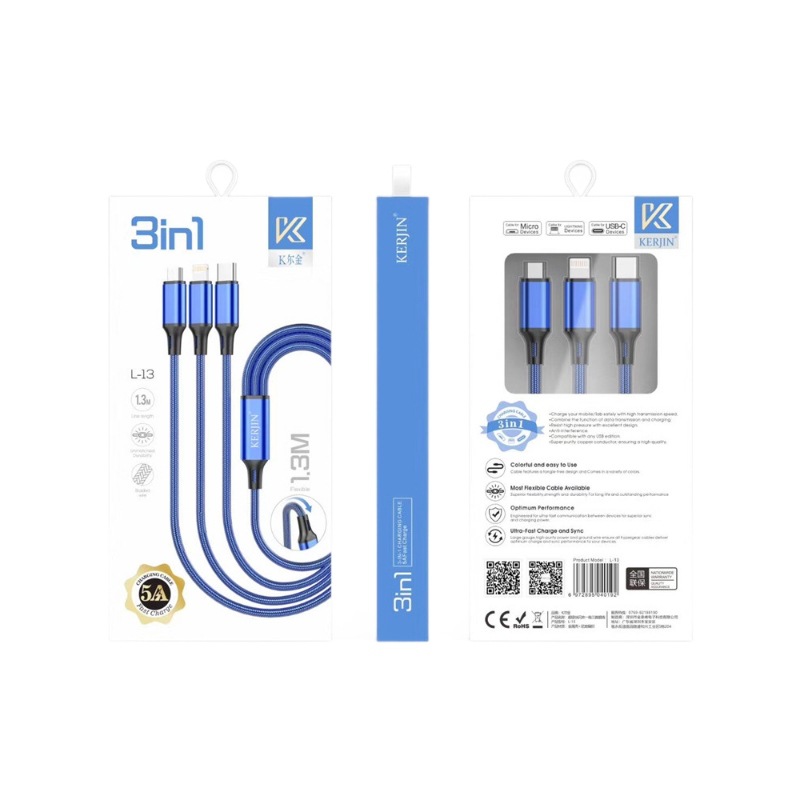1-in-3-Datenkabel für Android, Apple und Huawei, geflochtenes USB-Schnellladekabel, verlängertes Ladekabel