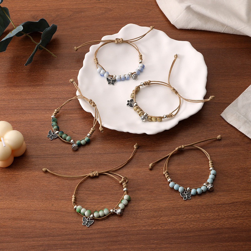 New Retro Ethnic Style Artistic Pastoral Woven Butterfly Ceramic Bracelet Female National Style New Chinese Style Student Hand Rope Male