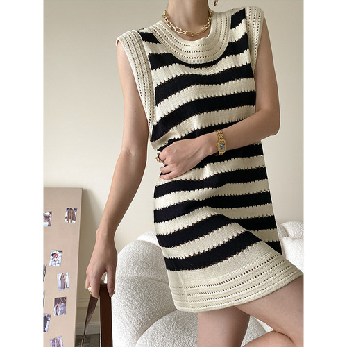 Sinan design hollow striped knitted sleeveless dress summer temperament high-end 2024 new style SN1708