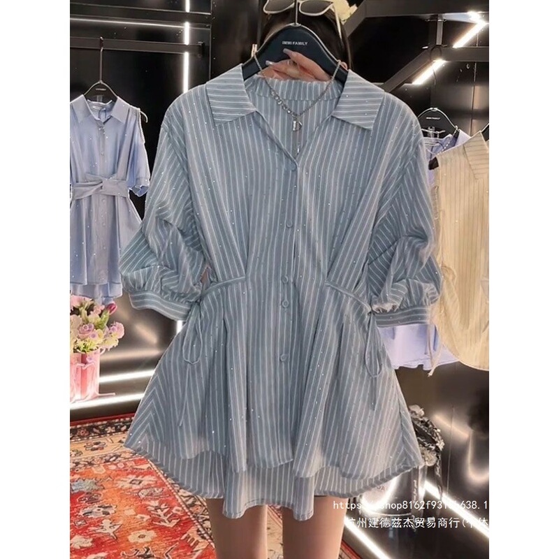 Korean-style trendy fashion striped shirt, popular summer new model, super elegant and casual, versatile plus-size waist-cinching shirt Korean-style trendy fashion striped shirt, popular summer new model, super elegant and casual, versatile plus-size waist-cinching shirt