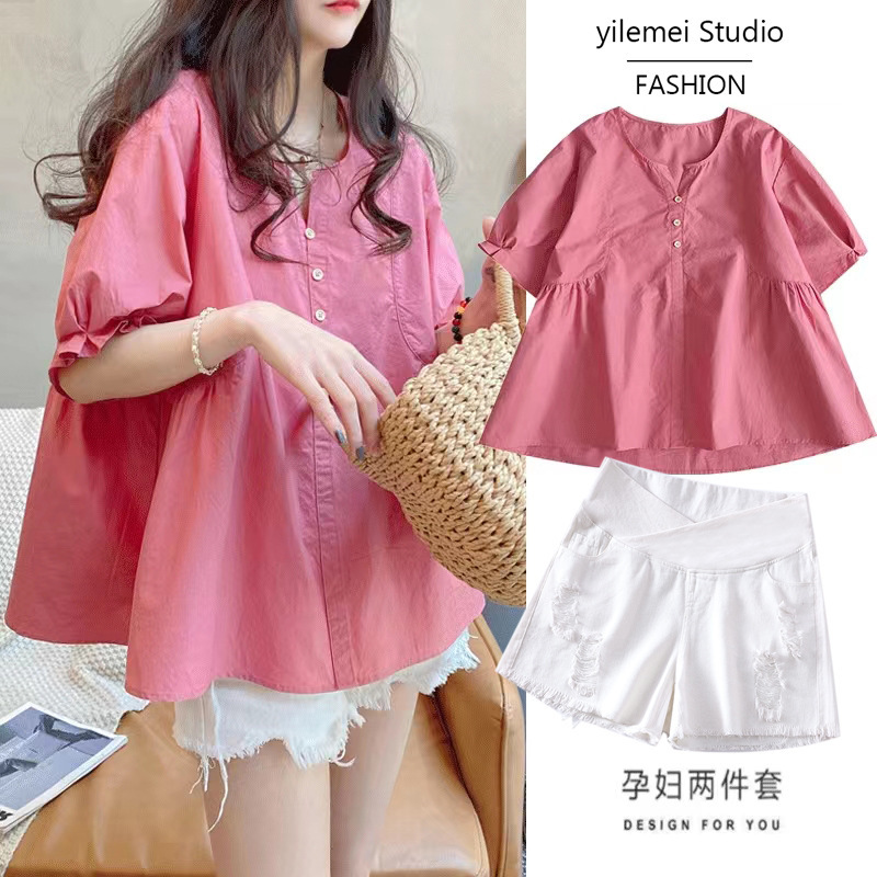 Picture processed summer solid color maternity short sleeve suit shorts suit