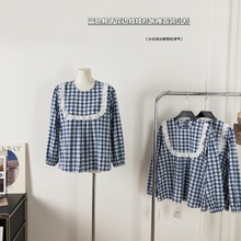 韩版女装花边娃娃衫秋季时尚洋气格子小衫长袖圆领衬衫