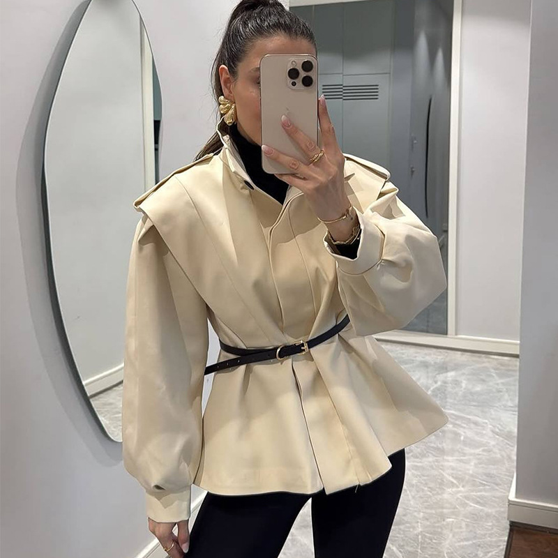 European and American Cross-Border Women's Clothing 2025 New Autum Stand-Up Collar Design Slimming Look Asymmetrical Short Windbreaker Jacket