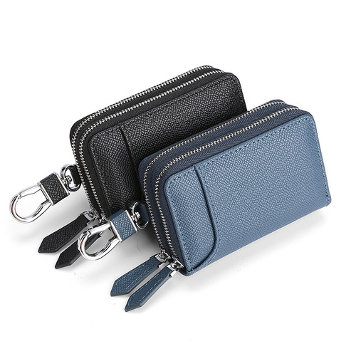 Spacious, High-Capacity Genuine Leather Car Key Case with Double Zippers – Cowhide Design for Keys, Cards, and Locks | Protective Leather Cover for Car Keys