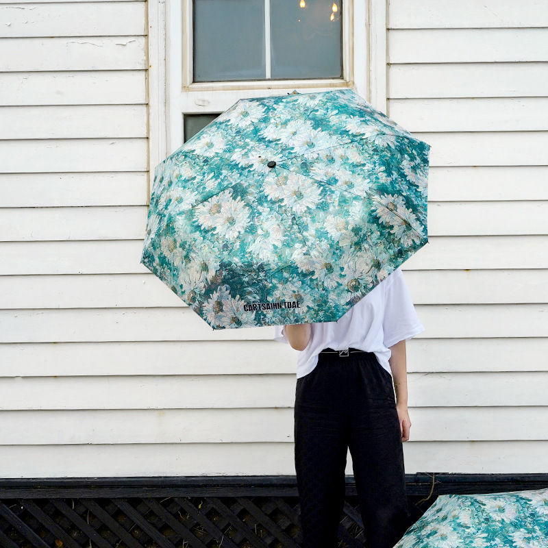 Monet Oil Painting Automatic Folding Sunny Umbrella Sunscreen UV Protection Sunshade Umbrella Portable Sun Umbrella for Couple