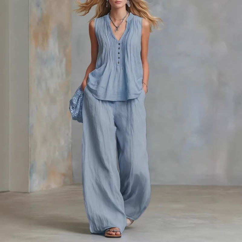 2026 European and American cross-border women's fashion casual solid color V-neck ruched loose sleeveless casual long pants two-piece set 2026 European and American cross-border women's fashion casual solid color V-neck ruched loose sleeveless casual long pants two-piece set