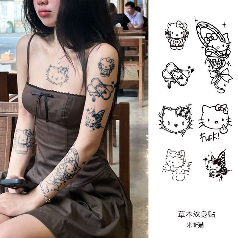 Domineering Kitty Cat Herbal Juice Tattoo Sticker Waterproof Long-Lasting Non-Reflective Arm Flower Arm Cool Cartoon Imitation Tattoo
