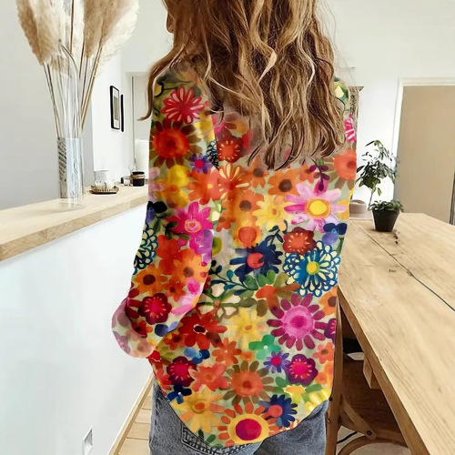 European and American fashionable bright color floral print casual vacation long-sleeved shirt tropical flowers