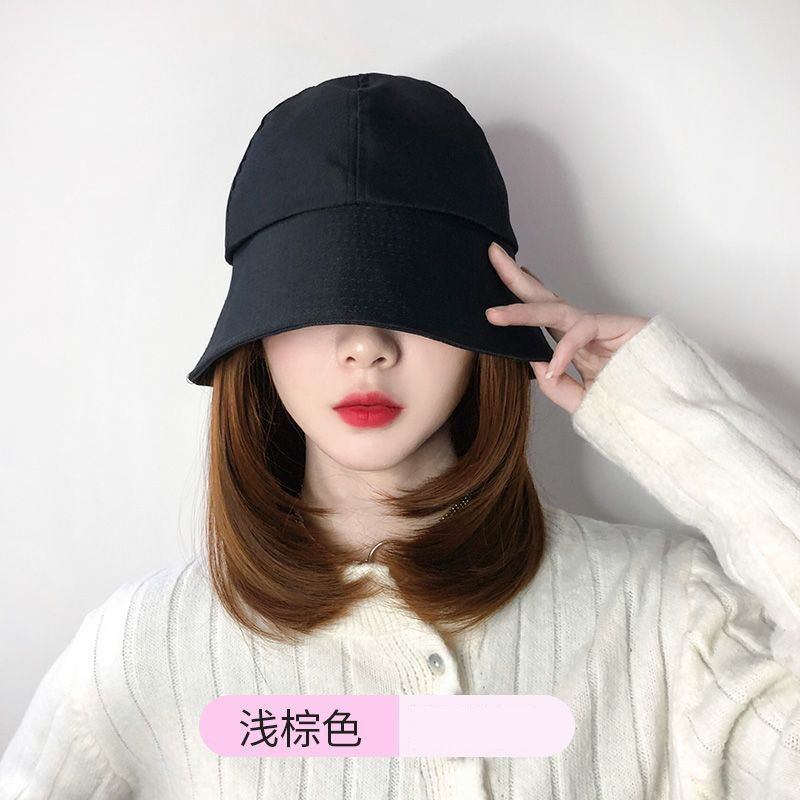 Sombrero de peluca japonés integrado primavera femenina y verano Internet celebridad cubo sombrero de pescador pelo de longitud media hebilla interior cubierta de la cabeza llena clavícula pelo liso
