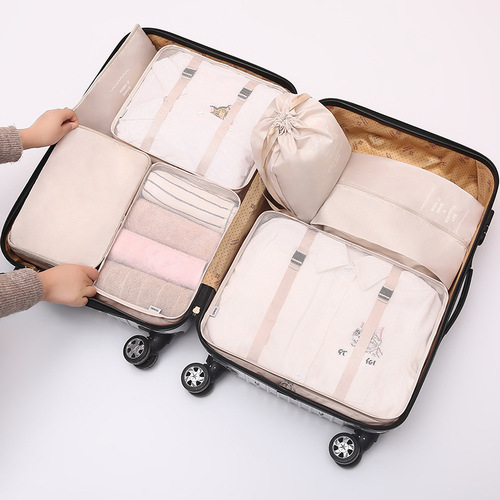 7-piece set of travel storage bags, suitcase, thickened twill clothing, travel packaging, underwear storage, drawstring organizer bag