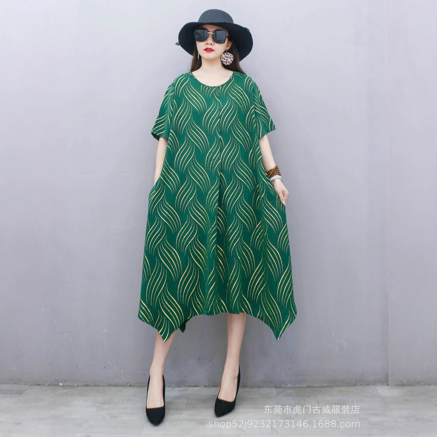 Comercio exterior transfronterizo vestido de gran tamaño suelto literatura de verano vestido irregular cuello redondo mangas cortas vestido de mujer gorda de edad media image 13