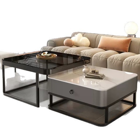 Mesa de té de lujo ligera sala de estar doméstica moderna y pequeña casa red cuadrada de vidrio rojo tablero de TV combinado mesa de té
