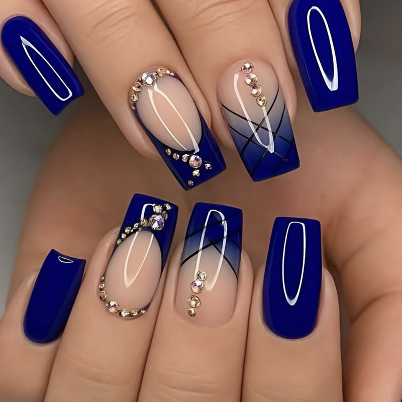 Wearable Nails European Square Blue Gradient Black Lines French Rhinestone Decoration Removable Fake Nails Manicure Nails Wearable Nails European Square Blue Gradient Black Lines French Rhinestone Decoration Removable Fake Nails Manicure Nails