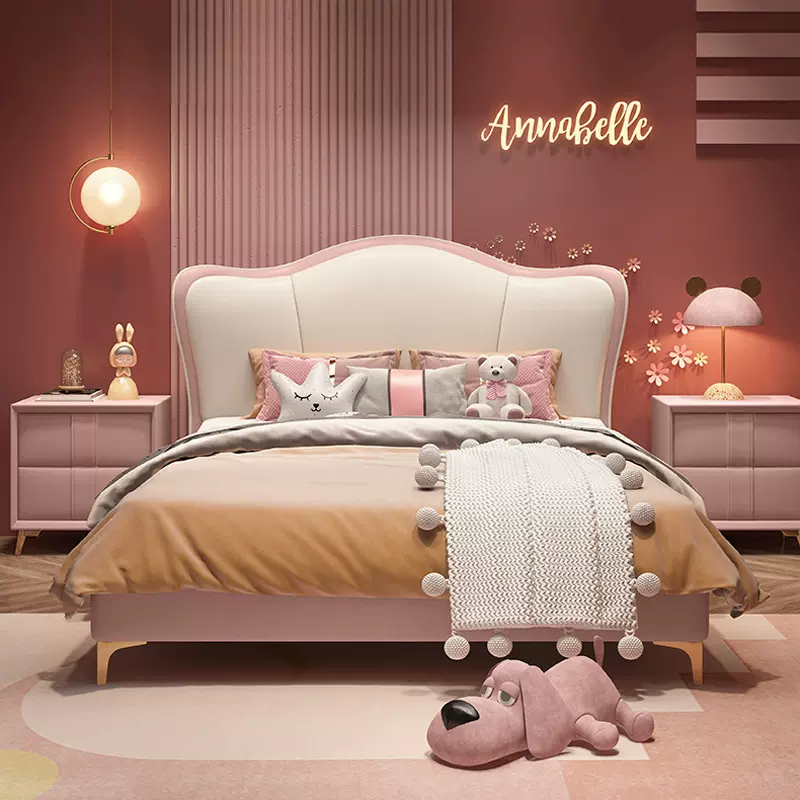儿童床真皮软包床男孩女孩储物床 简约现代实木女孩公主床 皮艺床
