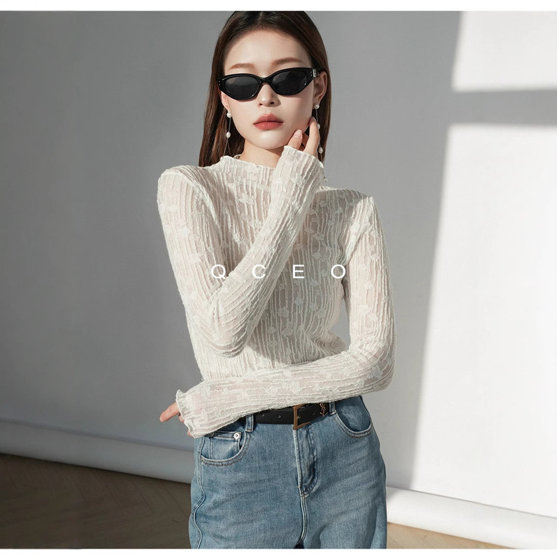 French Style Half Turtleneck Long-Sleeved Shirt for Women in Autumn and Winter Design Stereo Flower Lace Shirt with Bottoming Top
