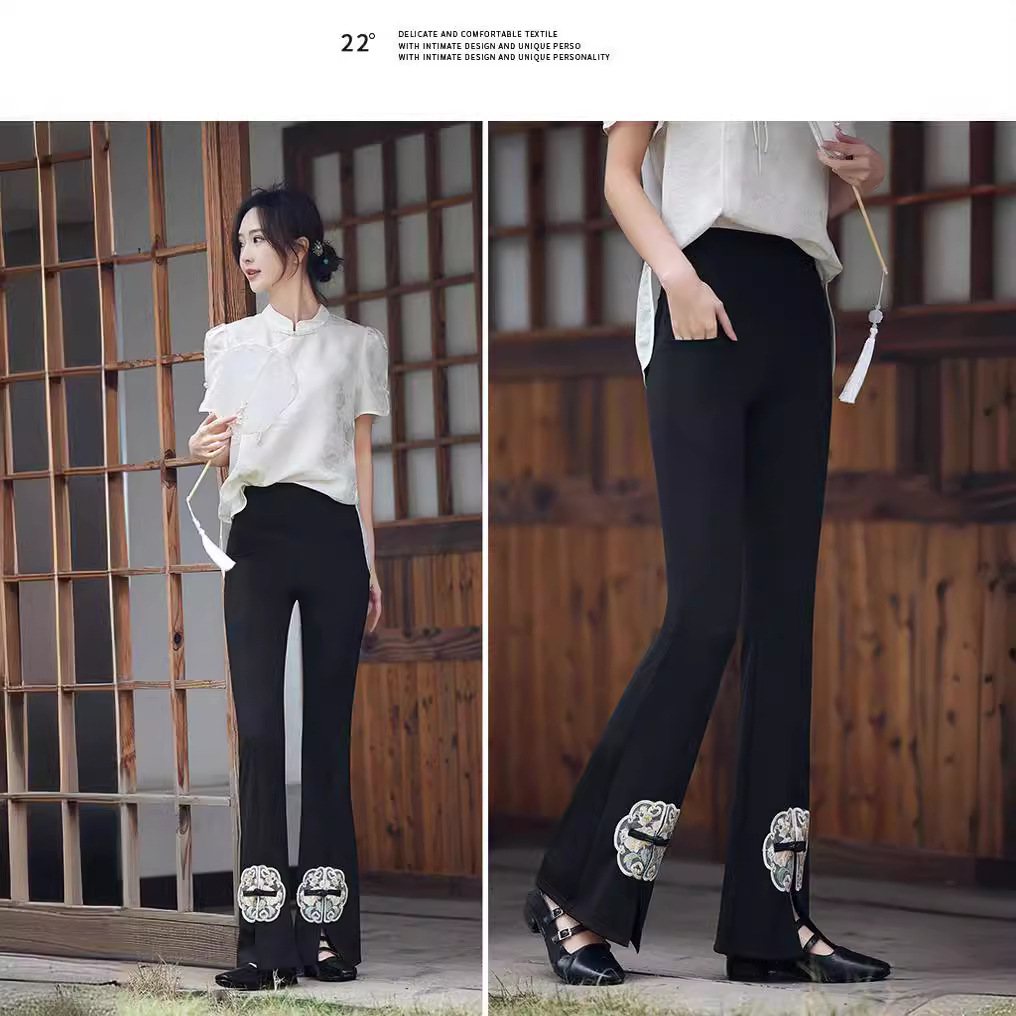 New national style women's clothing fat sister plus size women's clothing high waist slimming trousers embroidered all-match split micro flared pants