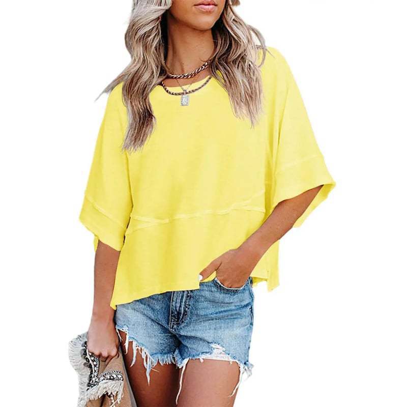 Camiseta Holgada Informal de Manga Campana con Estilo Nuevo y Color Sólido en Patchwork, Éxito de Ventas en Amazon Europeo y Americano 2025 para Mujer
