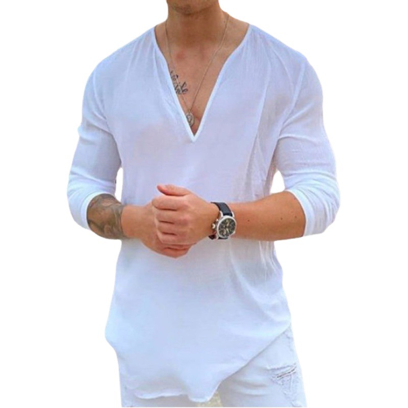 Estación independiente de Amazon europea y americana nueva camisa de hombre con cuello en V casual camiseta de color puro 2025 camisa de algodón y lino para hombre de manga larga