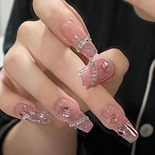 Nail Nail Nail Stickers Pink Glitter Chain Nail Stickers Show White Medium and Long Fake Nail Stickers Removable