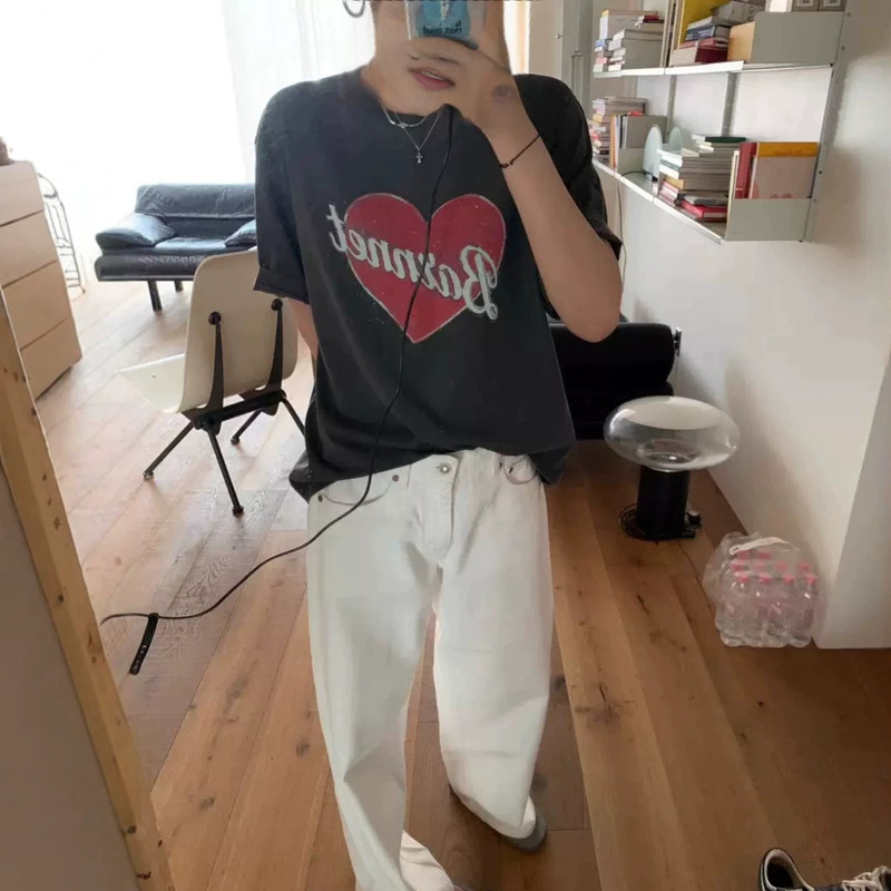 Korean Dongdaemun the Barnnet Vintage Heart Letter Print Round Neck Distressed Short-Sleeve T-Shirt for Women Summer