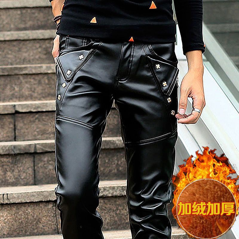 Autumn and winter Plush thickening Leather pants man Self cultivation Feet Korean Edition locomotive Trend Leather pants keep warm Haren pants