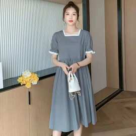 孕妇装夏装2025新款韩版方领宽松显瘦桔梗夏宽松中长款孕妇连衣裙