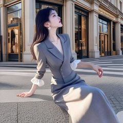 小香风新款法式轻奢西装裙女2025春季新款高级修身灰色西装连衣裙