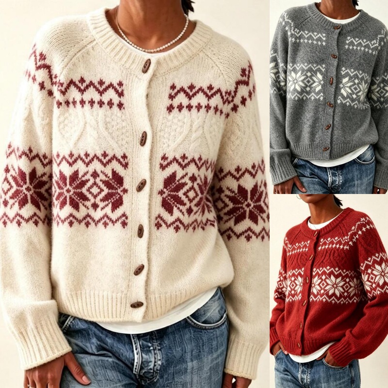 Fair Isle wooden button loose sweater, Amazon cross-border outerwear, 2026 Christmas snowflake knitted cardigan, women's retro style Fair Isle wooden button loose sweater, Amazon cross-border outerwear, 2026 Christmas snowflake knitted cardigan, women's retro style