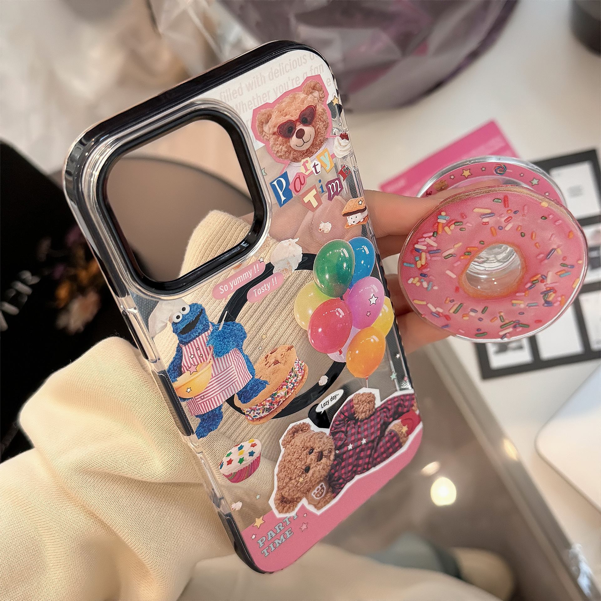 Funda magnética transparente para iPhone 17, estilo Donut Stand 16 Pro Max, adecuada para niños, diseño de oso infantil, funda suave para iPhone 13/14