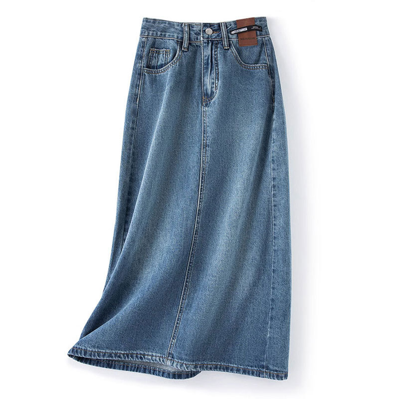Vintage Rear Split Skirt Women's Design Leather Brand High Waist A- Line Mid-Length Straight Hip Covering Denim Skirt