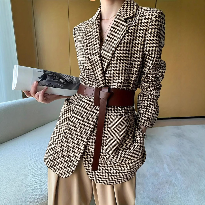 Amazon cross-border foreign trade autumn and winter houndstooth tweed temperament slim design ladies suit jacket