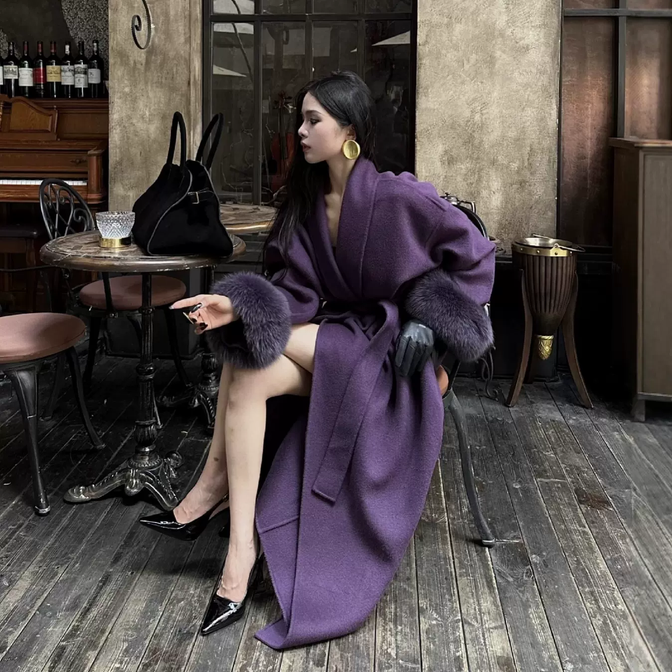 富贵紫罗兰贵气冬季新款双面羊毛大衣可拆卸狐狸毛袖加长款外套