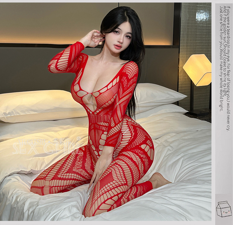 Pure Desire Jacquard Mesh One-Piece Lingerie, Hollow-Out Black Stocking-Style Bodystocking — detail image 12
