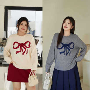 plus size Women's Bow Soft Waxy Loose Slim Knitted Long Sleeve Sweater 3752